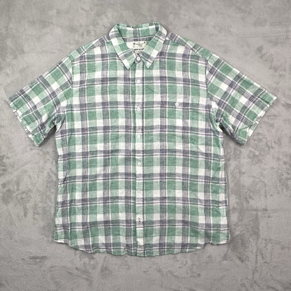 Weatherproof Mens XXL Green Plaid Linen Cotton Button Up Shirt Relaxed Summer